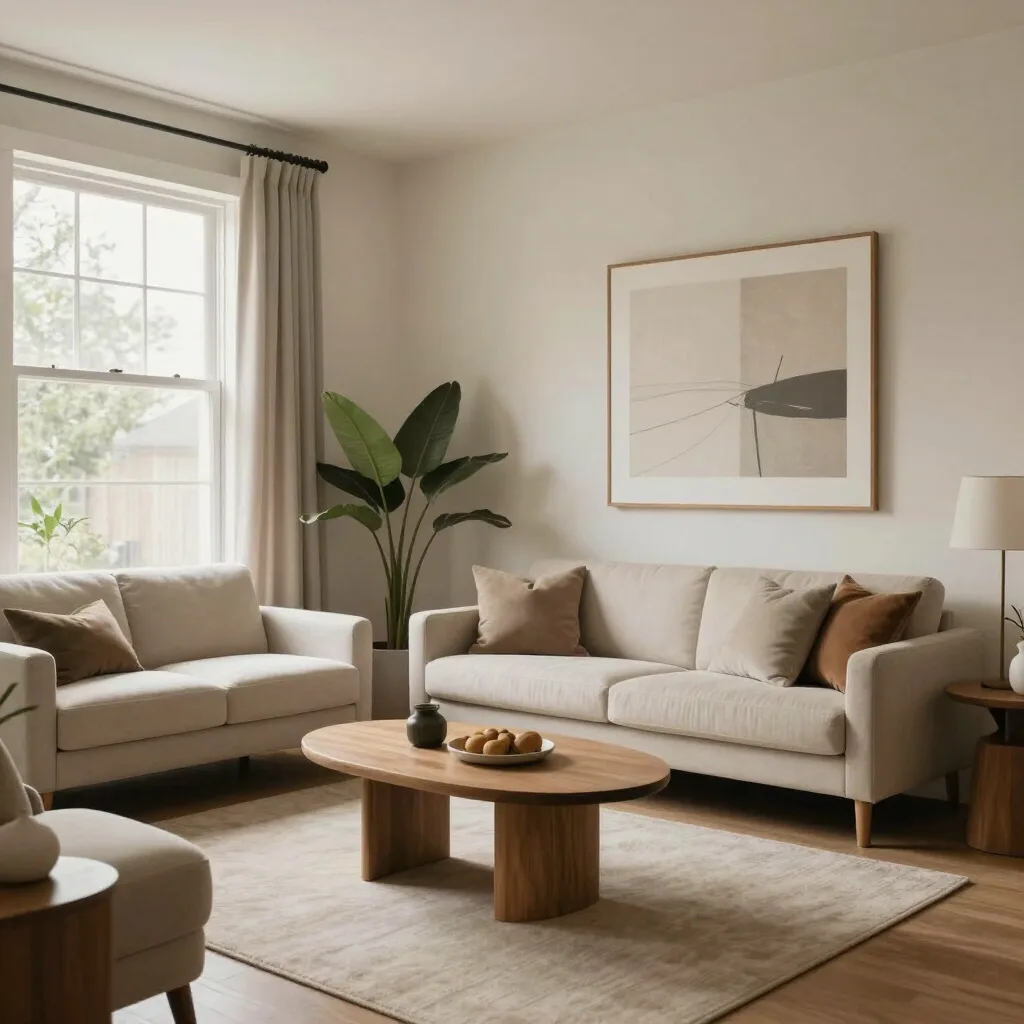 A bright, calm living room with two cream sofas and a large sunlit window