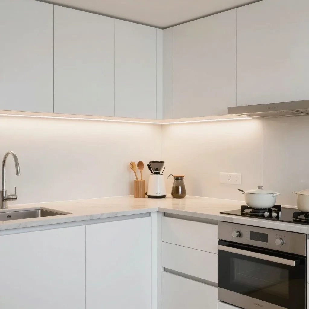A clean white kitchen with under-cabinet lighting, a stove, and a kettle on the counter