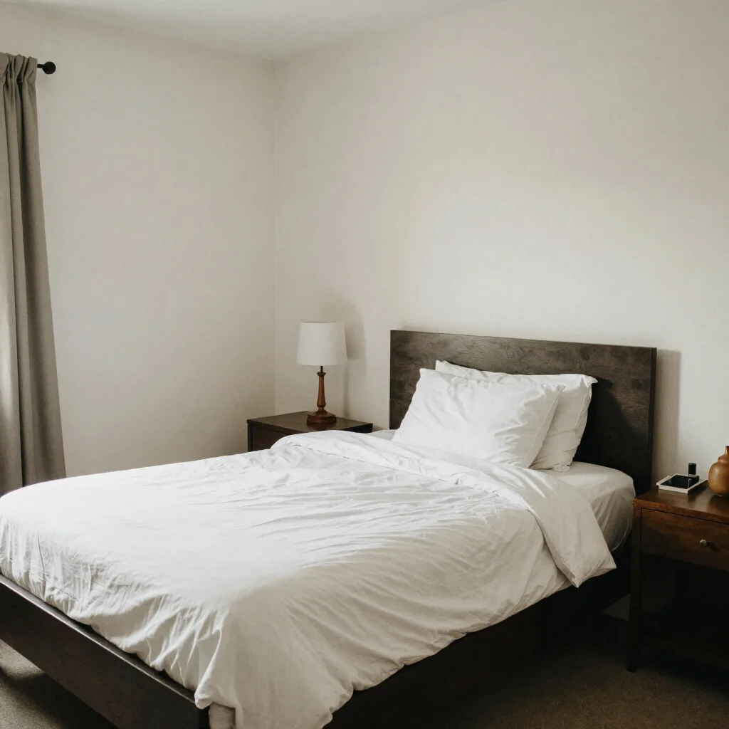 A tidy bedroom with a neatly made bed and warm bedside lamp